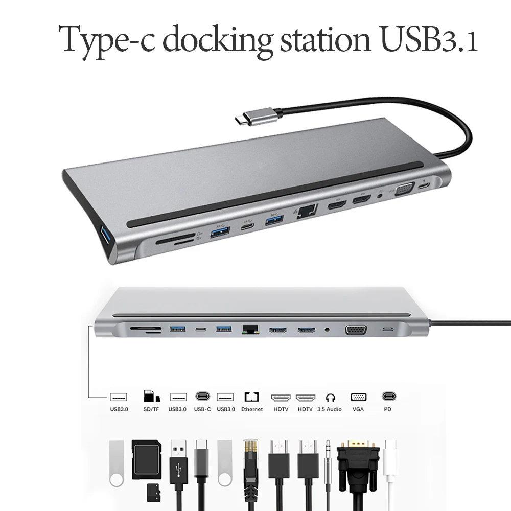 

12 In 1 Type-C HUB USB 3.1 to Dual HDMI-compatible USB Splitter 4K RJ45 VGA SD/TF Card Reader for MacBook Accessories