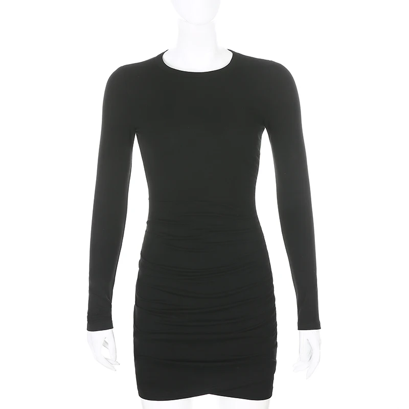 

WEPBEL Dress Women's Fashion O-Neck Slim Fit Pleated Dress Summer Sexy Solid Color Long Sleeve High Waist Dress