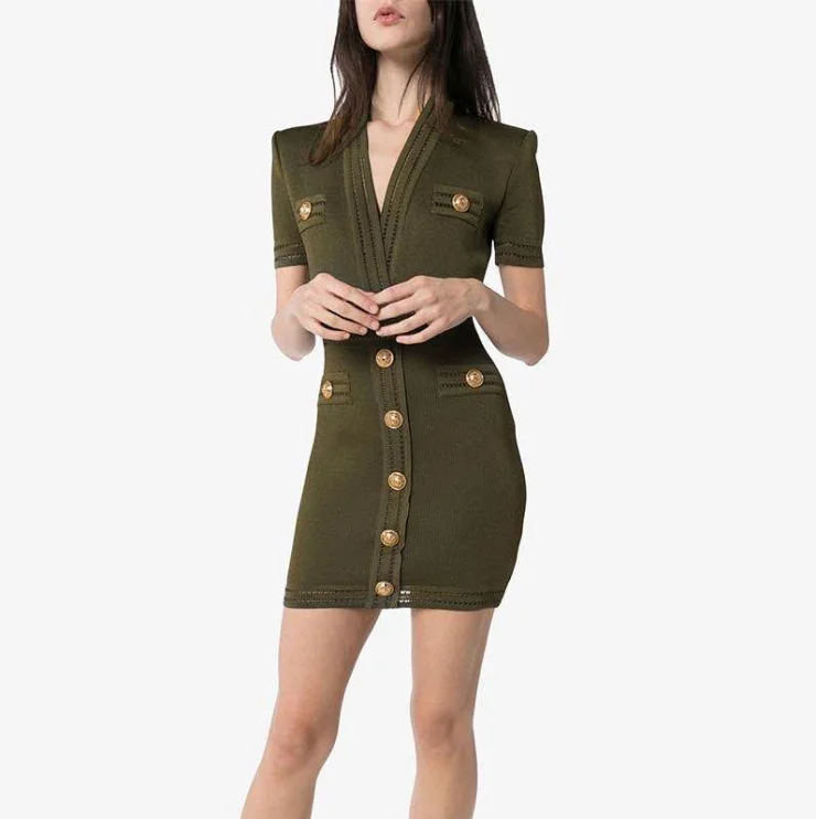 

Женское трикотажное платье болотного цвета, облегающее однобортное платье с V-образным вырезом и коротким рукавом, уличная одежда, лето 2021