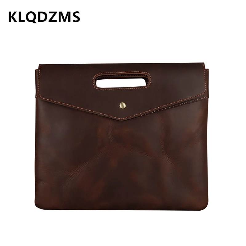 KLQDZMS New Men's Handbags Distinctive Button Briefcase Men Genuine Leather Bags Simple Male Business Briefcases