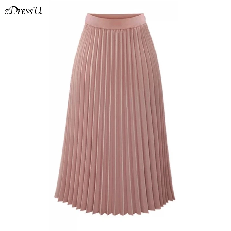 Pink Pleated Skirt Women High Waist Midi Chiffon A line Chic Elegant Quality Winter Autumn YYW-8889 | Женская одежда