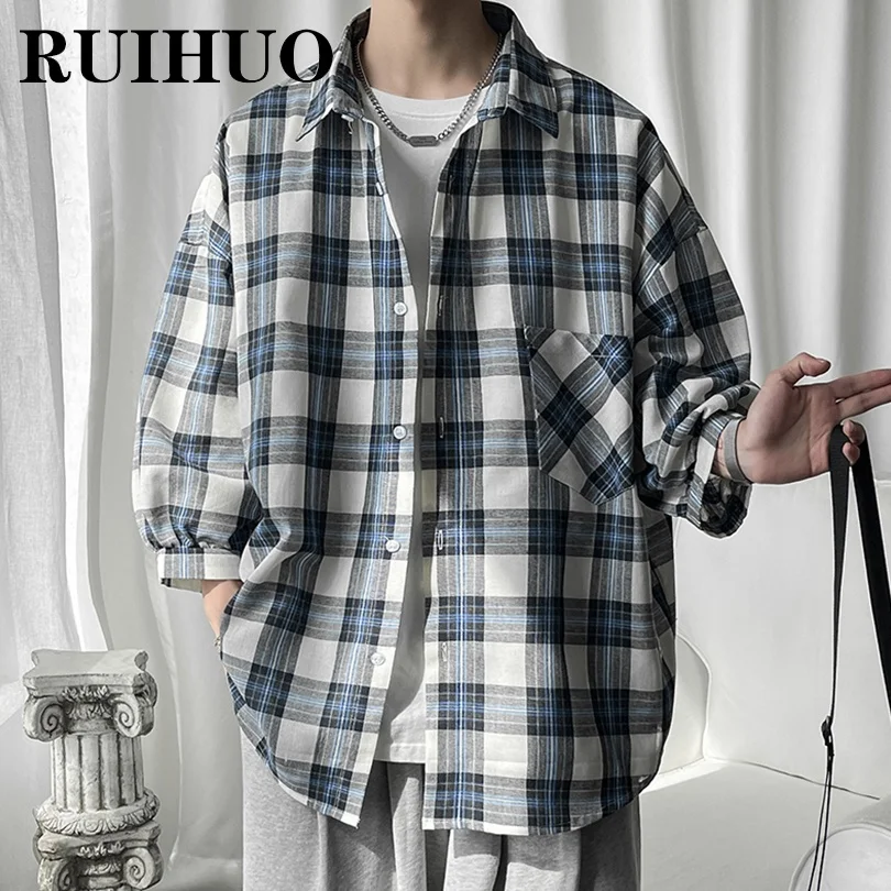 

RUIHUO Short Sleeve Plaid Shirt Men Clothing Designer Vintage Clothes Men Shirt Short Sleeve 5XL 2021 Autumn New Arrivals