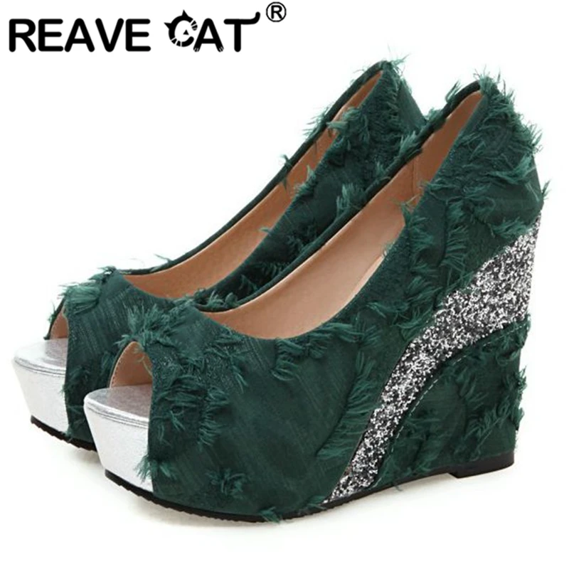 

REAVE CAT Woman Wedges Sandals Peep Toe High Cover Heels Flock Slip-on Platform Large Size 33-43 White Green Purple Summer S2858