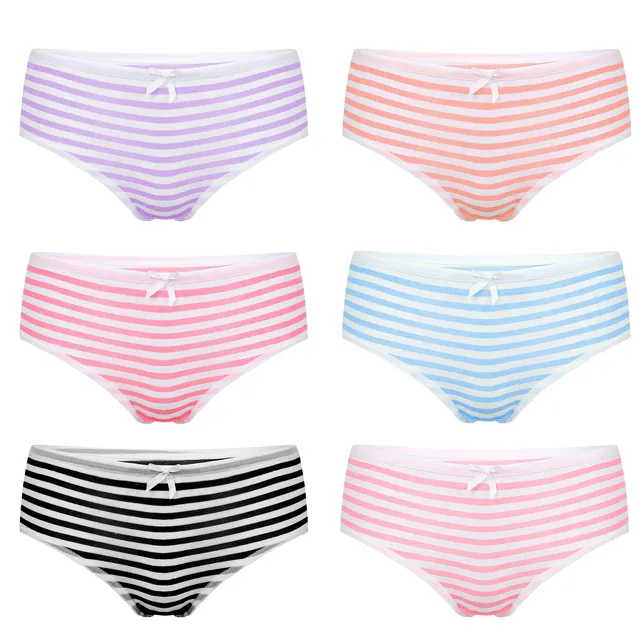 New Womens Underwear Cotton Soft Navy Style Stripe Middle Waist Elastic Undergarment Underwear Bikini Briefs with Ribbon Bowknot 1