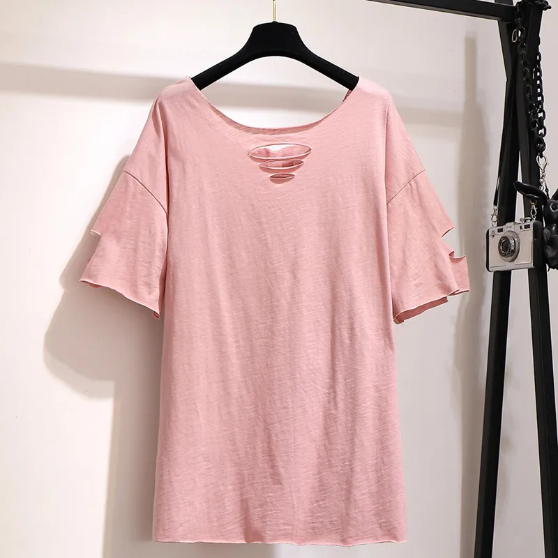 Женская футболка большого размера d 6XL розовая летняя с круглым вырезом и