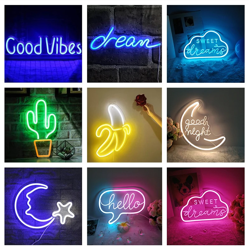 

Led Neon Light Sign Cood/Good Vibes Dream Open Cactus Hello Banana Flash Neon Sign for Room Home Decor Party Wedding Wall Decor