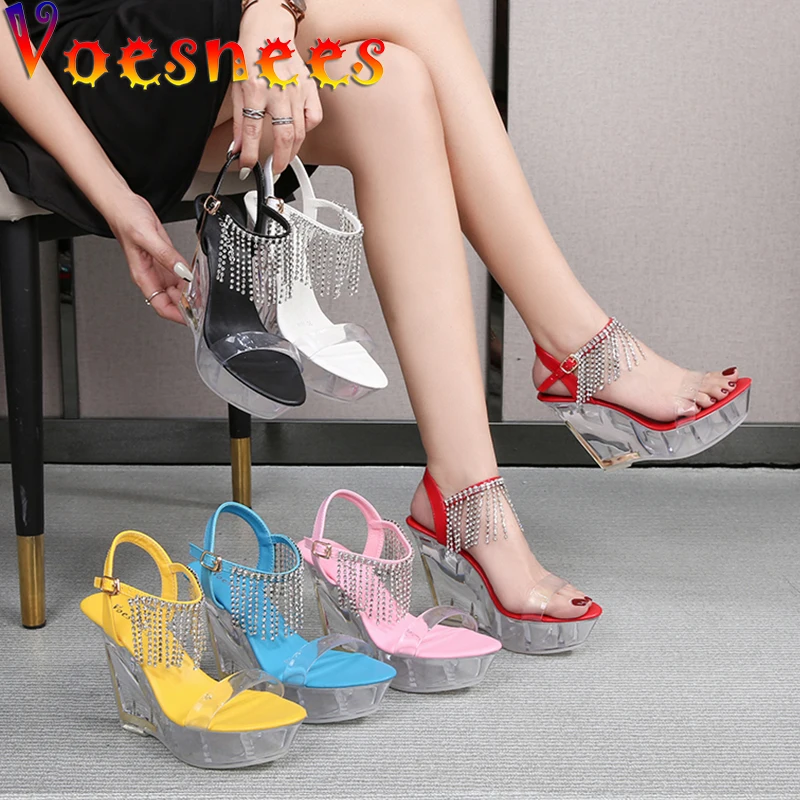 

Voesnees Transparent Sandals Women 2021 New Fashion Wedge High-heeled 10cm Sandals Crystal Waterproof Platform Club Party Shoes