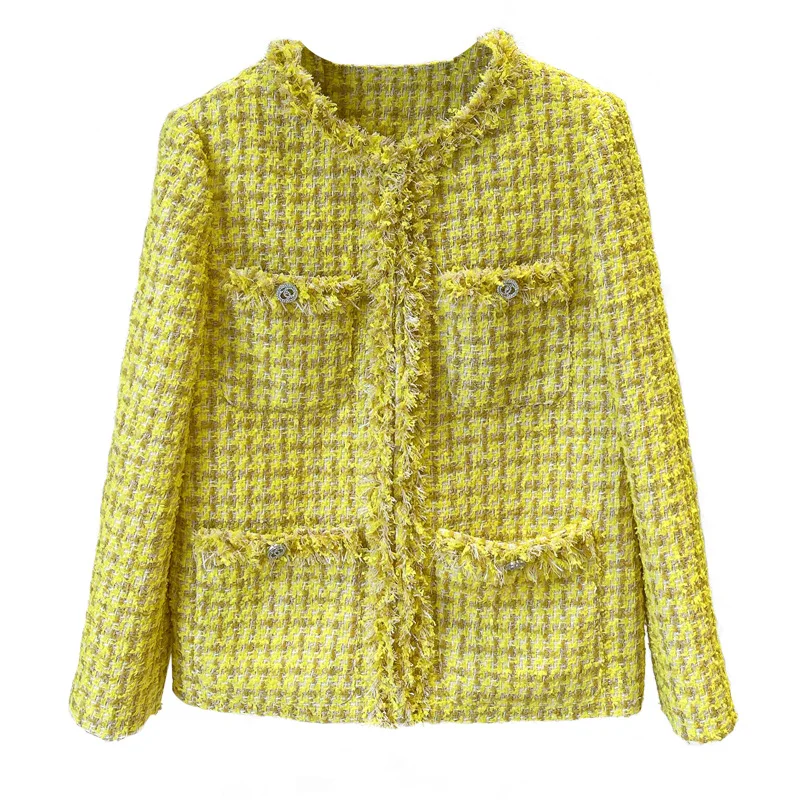 

2021 autumn fashion celebrity yellow fringe tassel short plaid tweed coats pockets buttons women elegant weave jackets A469