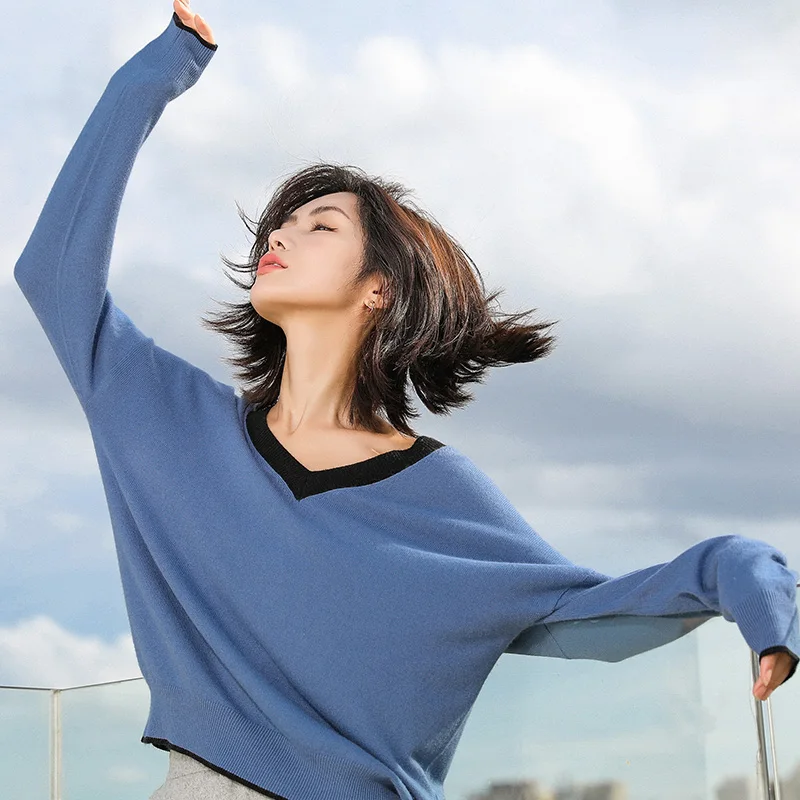 

2019 High Quality Autumn Cashmere Sweater Women Pullovers Knitted V-neck Sweater Outerwear Tops Female Fashion Loose Sweater