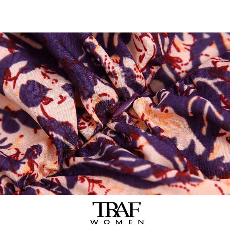 

TRAF Za Women Fashion Pleated Asymmetric Printed Crop Blouses Vintage Back Elastic Side Zipper Female Shirts Chic Tops