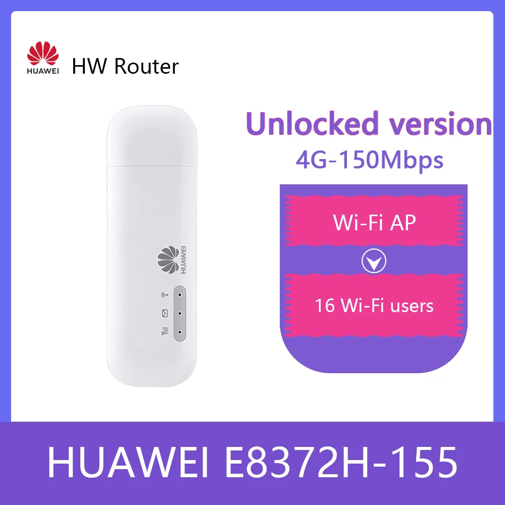 Unlocked Huawei E8372h-155 USB WiFi Modem 4G 150Mbps LTE FDD Band 1/3/5/7/8/20 TDD Band 38/40/41 3G Mobile USB Dongle