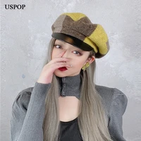 uspop 2020 new women hats winter wool hats color blocking octagonal hat cap patchwok berets