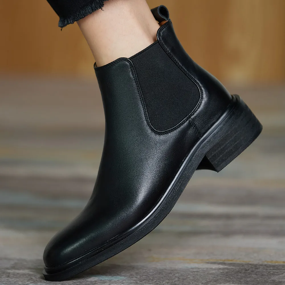 

Women's genuine leather elastic fabric patchwork slip-on flats autumn ankle boots round toe leisure soft comfort chelsea boots