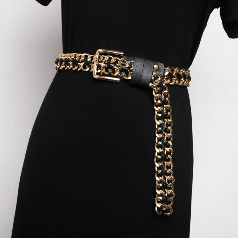 Women Waist Chain European New Style Cool Black Belt Rope Pin clasp metal waist chain Yellow black space PU leather 105*2.5cm