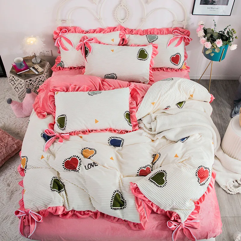 Короткий стиль Волшебный бархат 4 шт пододеяльник простыня наволочки оборки