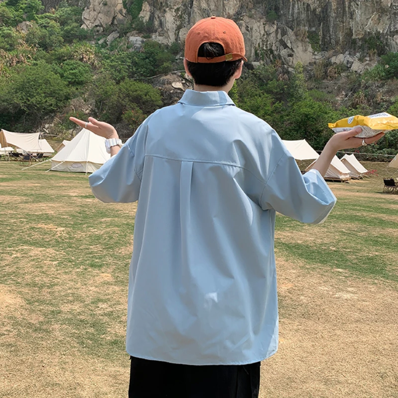 

Shirts Men Simple Vintage Patchwork Turn-down Collar Pockets Preppy New Fashion All-match Teenagers Top Pleated Loose Harajuku