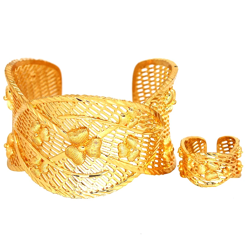 

Ethiopian Jewelry Set 24K Gold Color Exbole Bracelet With Ring Indian Habesha Dubai Bangles for Women African Girls Bridal Gifts