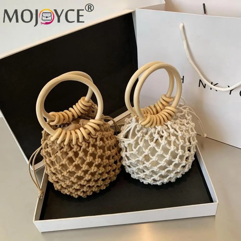 

Summer Vacation Casual All-match Cotton Rope Handbags Fashion Women Pure Color Woven Hollow Out Mini Top-handle Bag