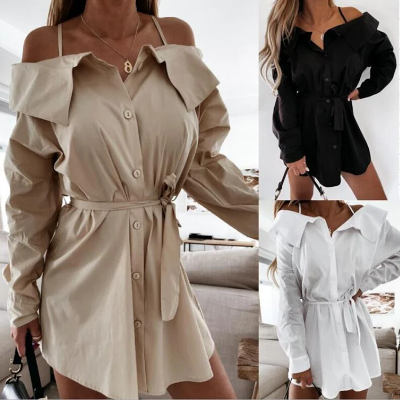 

2021 Autumn Fashion Sexy Solid Color Long Sleeve Slash Neck Single-Breasted Lling Strapless Shirt Above Knee Mini Dress M6177