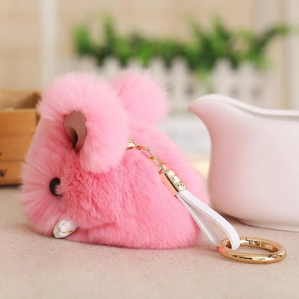 

9.5cm Cute Pluff Bunny Keychain Rex Genuine Rabbit Fur Key Chains For Women Bag Toys Doll Fluffy Pom Lovely Pompom Keyring FD