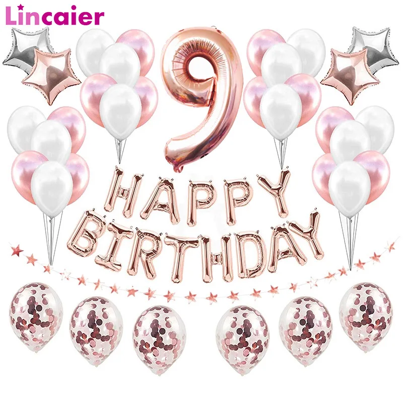 

37 шт розовые и золотые воздушные шары номер 9 Фольга шар с днем День рождения украшения 9th для девочек и мальчиков 9 лет ко дню рождения Детска...
