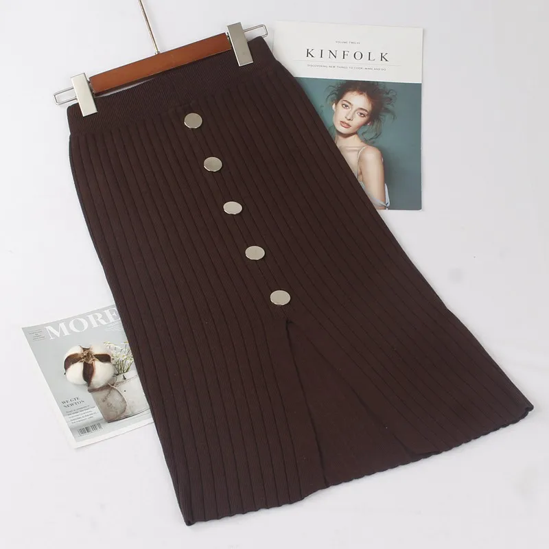 Высокая талия осень зима трикотажные женские юбки Теплая юбка длинные ребристые