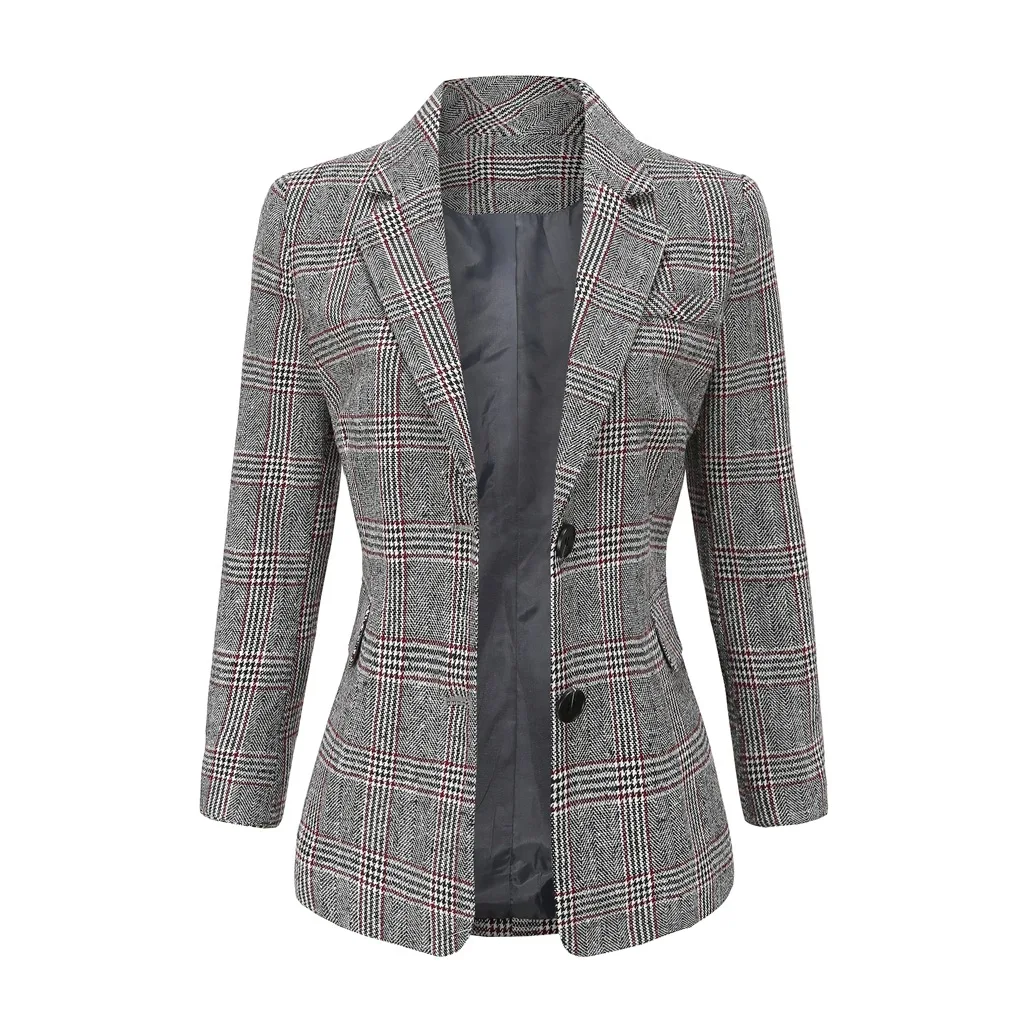 

Vintage Single Breasted Office Ladies Plaid Blazer Pop Autumn Casual Long Sleeve Loose Houndstooth Suit Coat Jacket Women Blazer