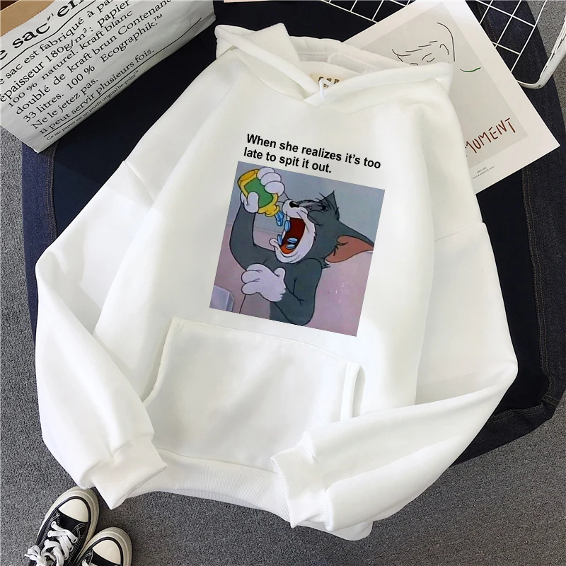 

Women's Hoodie Cat and Mouse Printed White Hoodie Women's Sweatshirt Long Sleeve Autumn and Winter Top Women's Hoodie Kawaii
