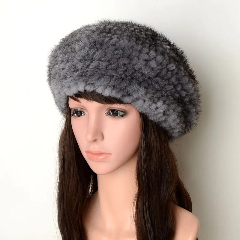 New Style Winter Woman'S Mink Knit Natural Real Fur Beret Genuine Mink Fur Middle-Aged And Elderly Woolen Hat Free Shipping