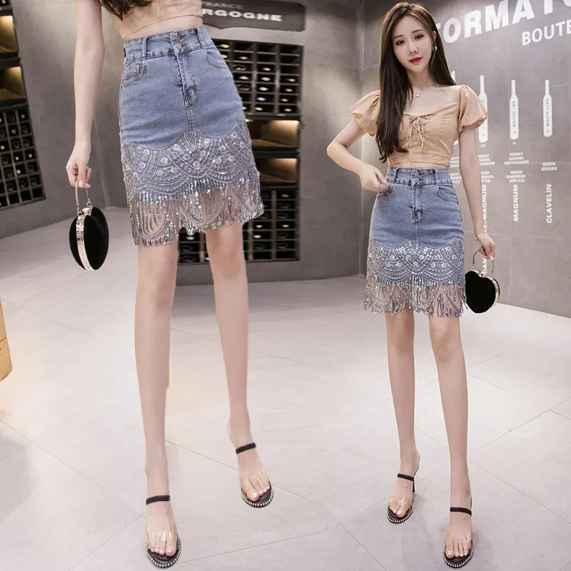 

Limiguyue Summer Women Denim Short Skirt Female Hip Skirt High Elastic Sequins Tassel High Waisted Slim Bodycon Streetwear K054