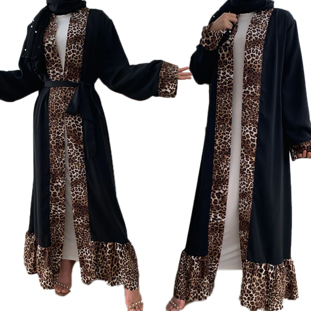 

Dubai Women Open Front Cardigan Islamic Jilbab Kaftan Muslim Long Robe Casual Loose Leopard Print Pleated Kimono Prayer Dresses