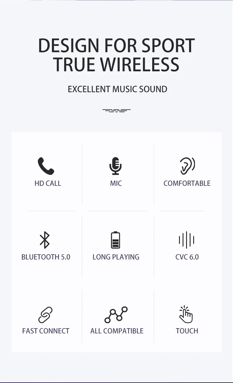 CALETOP TWS Bluetooth 5.0 Earphone Sports Wireless Earphones Ear Hook Noise Reduction Headphones Stereo Sound Headset with MIC