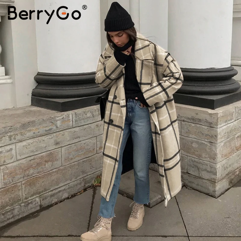 Женское твидовое пальто в клетку BerryGo элегантное теплое длинное на пуговицах с