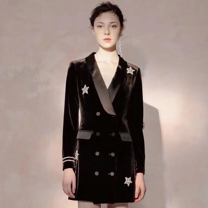 Осень 2019 Новое поступление черные бархатные женские пальто однобортные тонкие