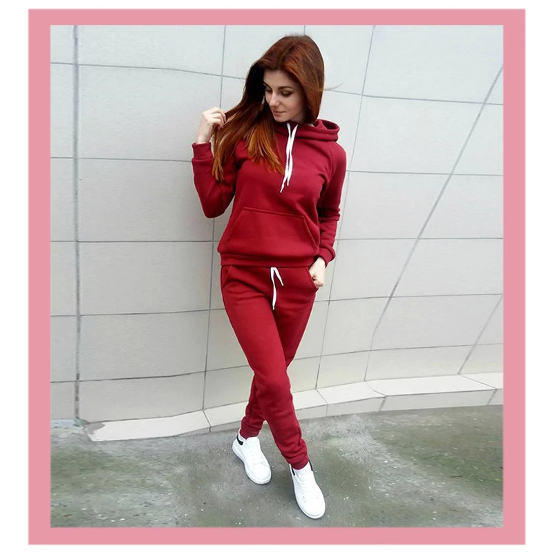 Fashion Tracksuits Winter Warm Plus Size Red Black Pocket Hooded Sweatshirt And Pants Sport Suit Xxxxl Jumpers Women's Clothes