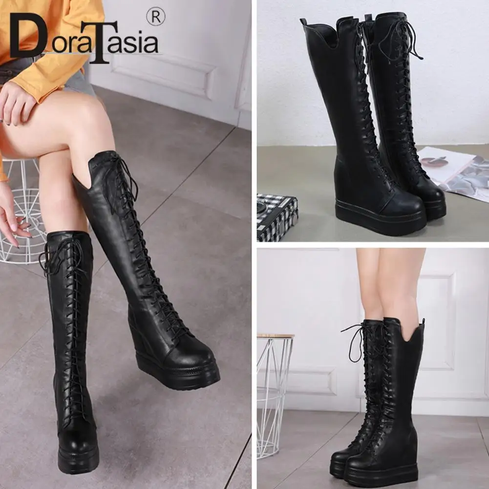DORATASIA Brand Female Height Increasing Motorcycle Boots Fashion Zip Platform Knee High Boots Women Party Wedges Shoes Woman