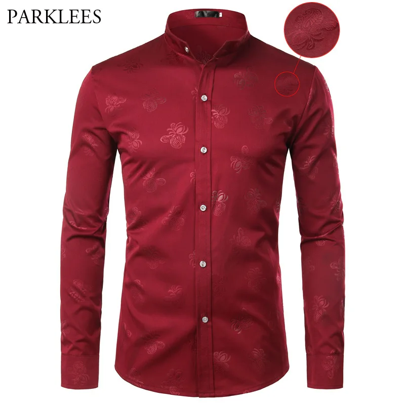 

Wine Red Floral Shirt Men Spring New Long Sleeve Mandarin Collar Mens Dress Shirts Casual Slim Fit Wedding Party Chemise Homme