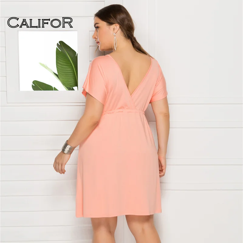 

Solid V-neck Short Sleeve Sundress A-line Elastic Oversize Dress 2021 Summer Elegant Casual White Dress for Women Plus Size 3XL