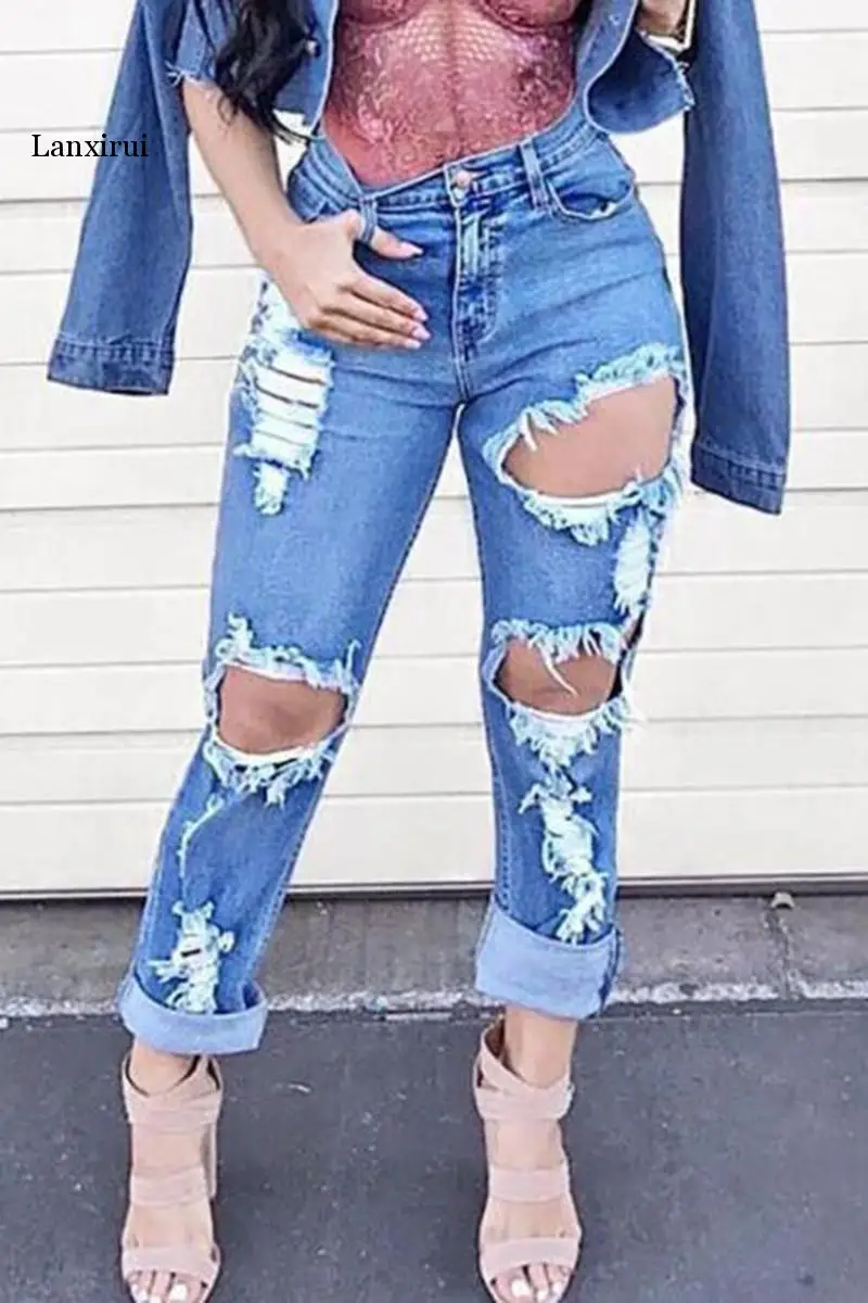 

Lanxirui High Street Women Jeans Destroy Knee Hole High Stretchable Denim Pants Trousers Hot Selling Women Long Fashion Jeans