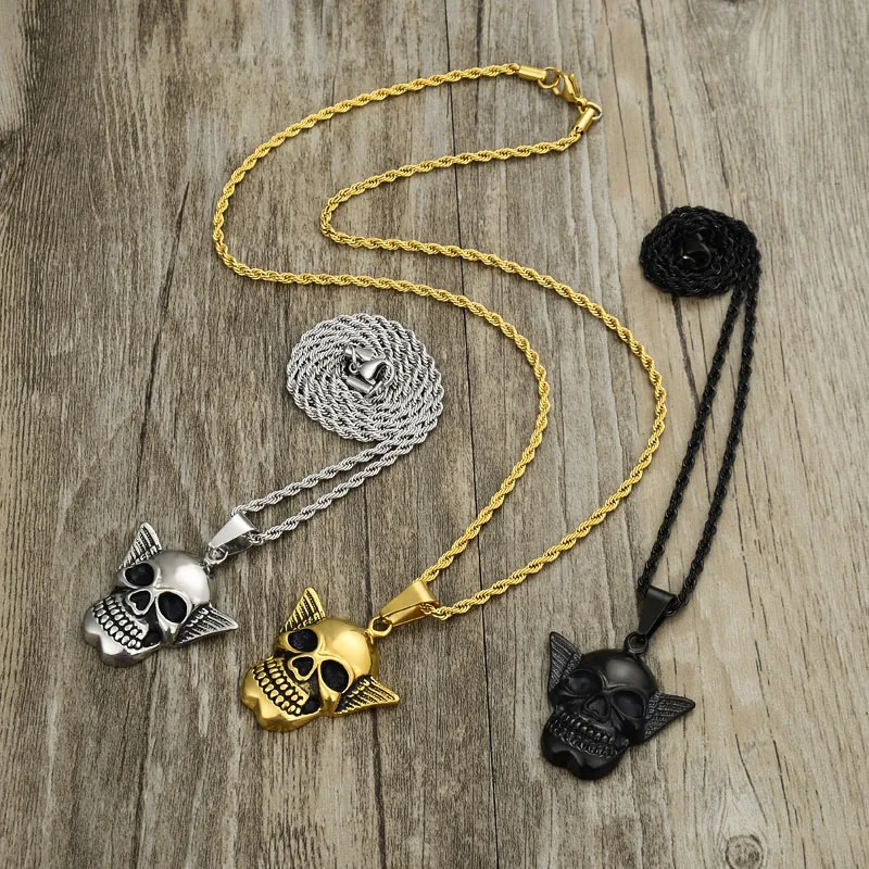 Valily Stainless Steel Skull Pendant For Man Punk Jewelry Angel Wings Necklace wholesale | Украшения и аксессуары