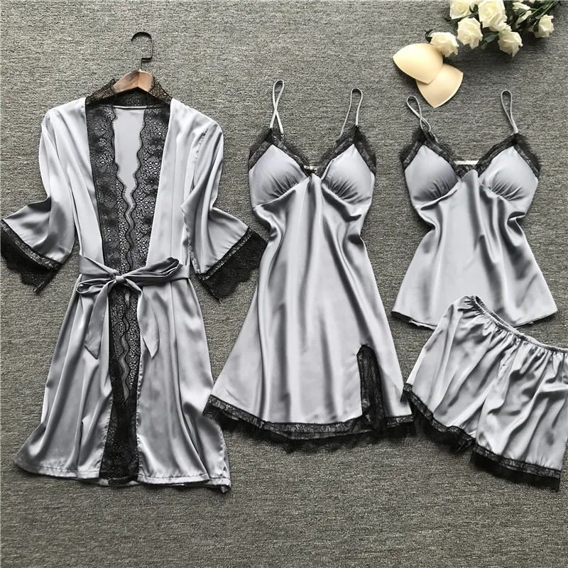 Grey Пижамные комплекты 4 шт. женские пижамы женские сексуальные черные кружевные пижамы атласные шелковые пижамы Элегантная пижама с нагрудными накладками домашняя одежда - Цвет: Grey