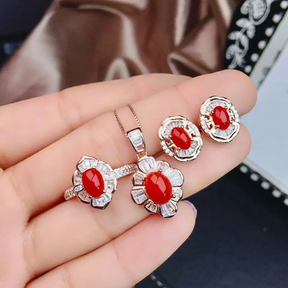 

MeiBaPJ натуральный красный коралловый драгоценный камень, изысканные свадебные ювелирные наборы для женщин 925 дюйма, кольцо с подвеской, ожер...