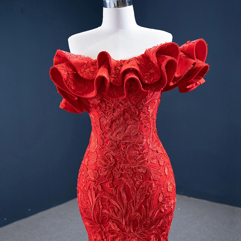 J67173 Jancember Red Boat Neck Mermaid Evening Dresses  Applique Ruffle Off The Shoulder Ball Gown فساتين السهرة вечерние платья