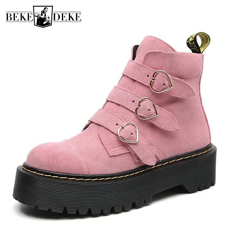Женские кожаные ботинки на платформе розовые ботильоны в английском стиле с