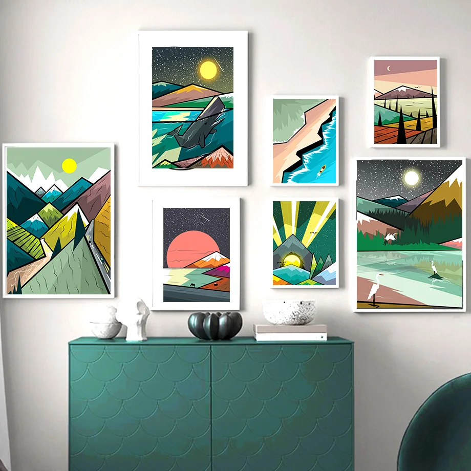 

Colorful Anime landscape Illustration Sun Wall Art Canvas Painting Nordic Posters And Prints Wall Pictures Baby Kids Room Decor