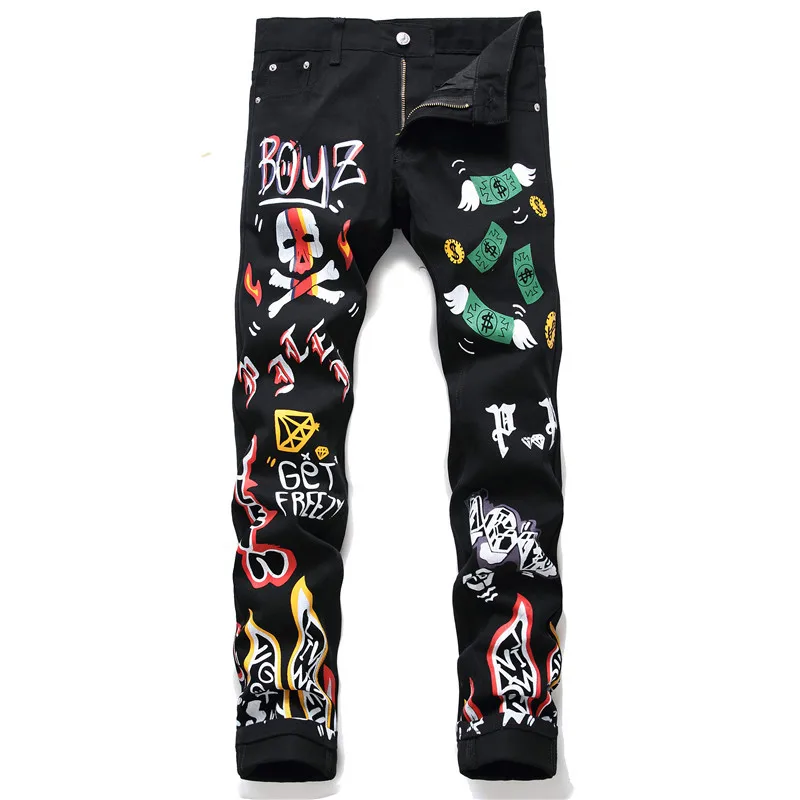 

New men's male colored skull letters flame printed jeans Fashion black slim straight denim pants trousers