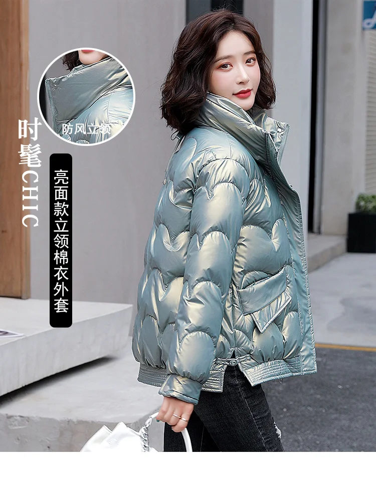 Fashion Women Winter Bright Parkas Stand Collar Short Jacket Cotton Padded Warm Thicken Ladies Coat Long Sleeve Coats Parka