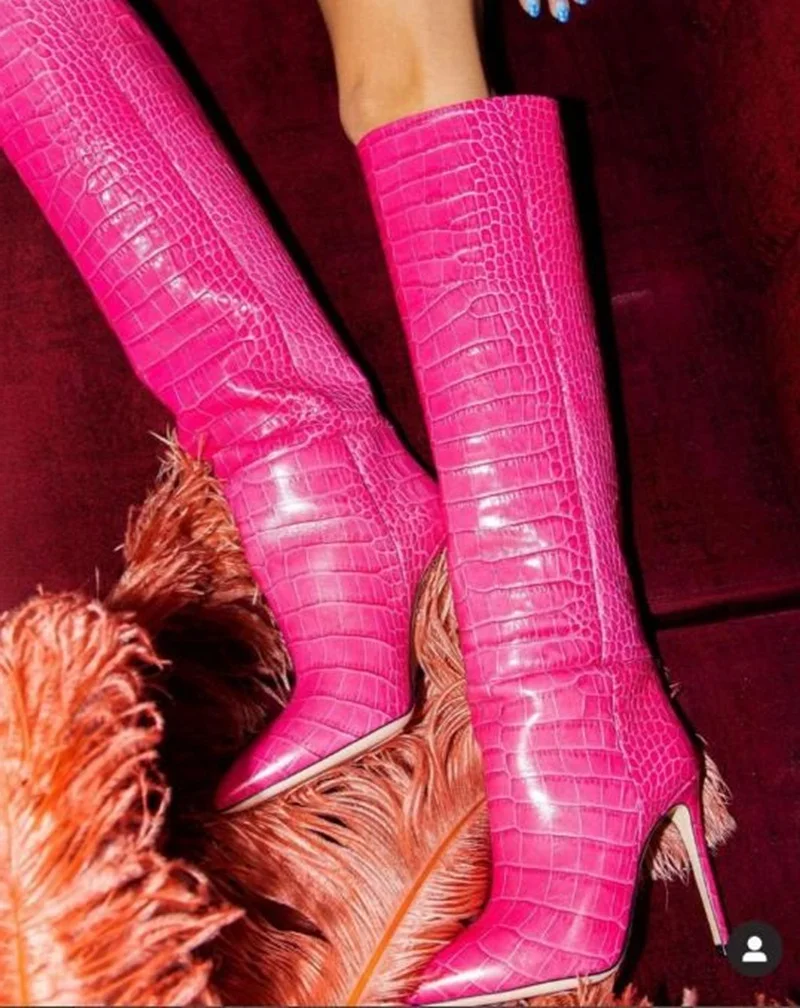 

Women Fuchsia Crocodile Knee High Boots Pointed Toe Snakeskin Winter Long Boots Stiletto Heels Club Party Dress Shoes
