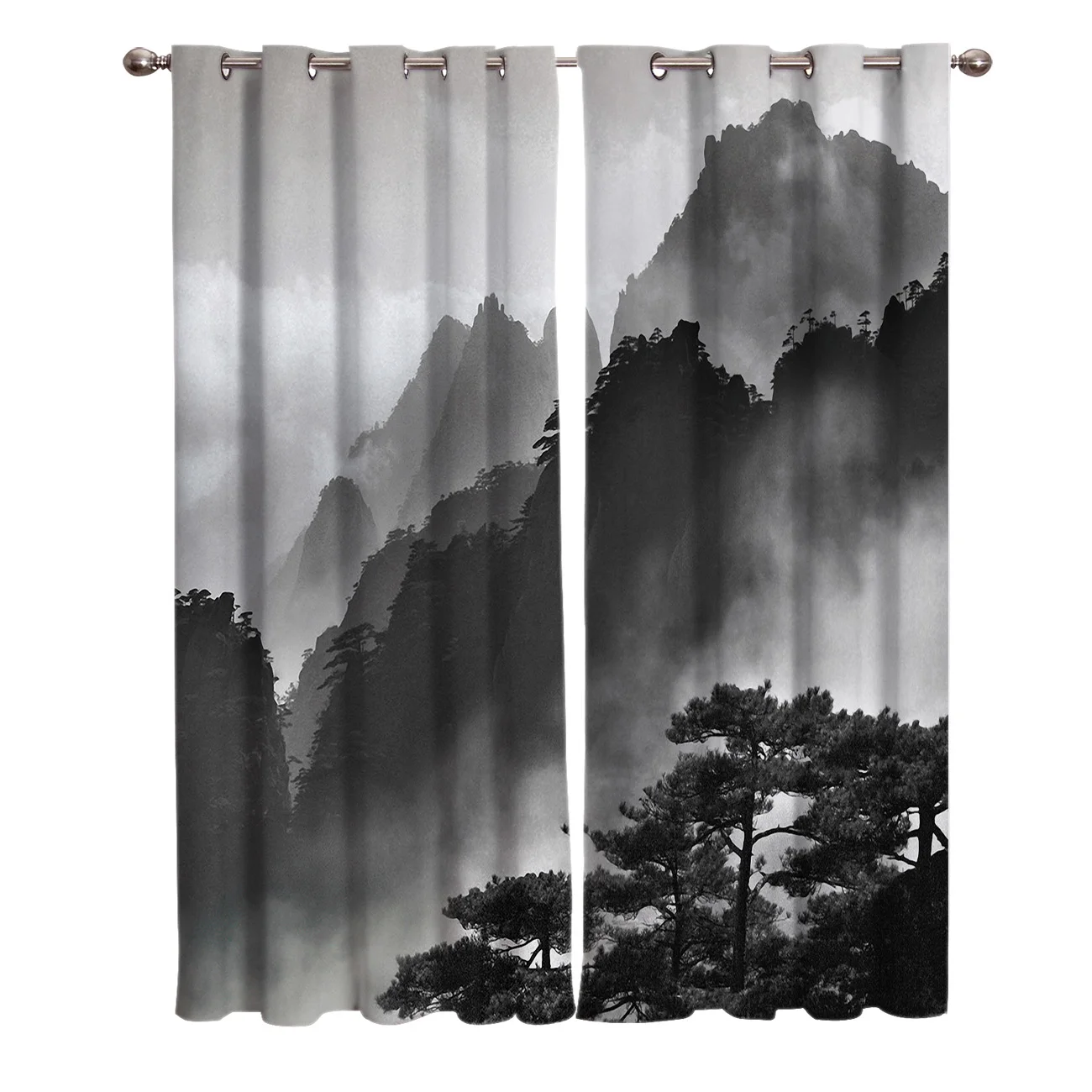 Черно белые оконные шторы с изображением пейзажа живописные для гостиной