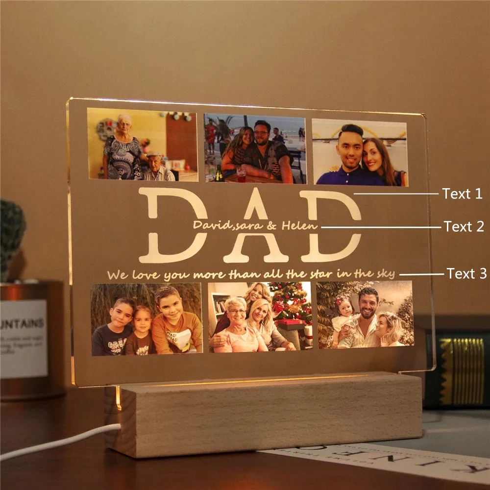 

Персонализированный светодиодный ночник с USB, 6 фотографий и текстом, акриловый 3D светильник для Дня отца, дня рождения, украшение комнаты
